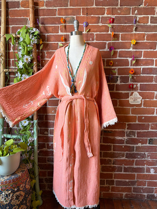 Salmon Pink Eye+Moon 100% Cotton Kimono Robe  - Fair Trade Made