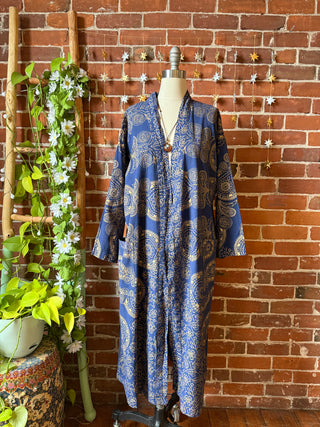 Gold + Navy Mandala Long Tapestry Robe Kimono with Pockets and Belt