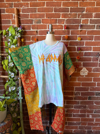 OOAK Spring Collection- Upcycled Def Leppard Inspired Hi Lo Kantha Poncho Tee