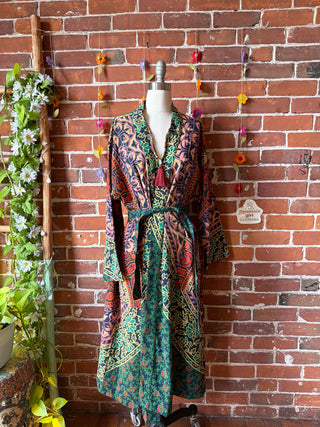 Navy Green Mandala Long Tapestry Robe Kimono w/ Pockets + Belt - Fair Trade Made