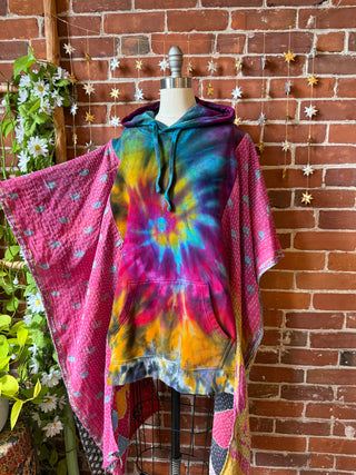 Soul Shine Maine X Mountain Girl Collab OOAK Upcycled Tie Dye Kantha Hi Lo Hoodie