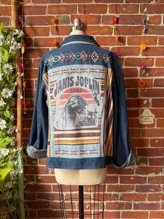 OOAK Summer Collection- Upcycled Pearl Classic Rock Inspired Geometric Woven Embrdoiered Denim Jacket Size XL/2XL