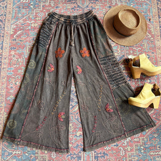 Embroidered Bohemian Spring Wide Leg Lounge Pants - Brown 100% Cotton - Fair Trade Made