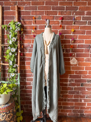 100% Linen Fringe Detail Long Kimono Robe - Made In Italy - Multiple Colors Available