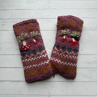 Mushroom Fair Isle Fleece Lined Wool Handwarmers / Fingerless Gloves