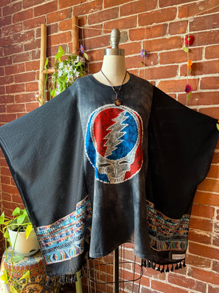 Grateful Dead Inspired Batik Stealie Embroidered Black Poncho