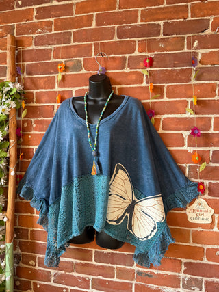 OOAK Summer Collection - Upcycled Luna Butterfly Flowy Trapeze Style Top 🦋 Slate Blue