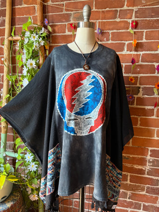 Grateful Dead Inspired Batik Stealie Embroidered Black Poncho