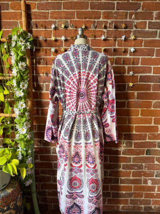 Pink Purple Mandala Long Tapestry Robe Kimono with Pockets and Belt