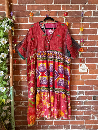 Coffee In The Morning Kantha Dress - Fits up to 3X - 100% Cotton- Fair Trade Made