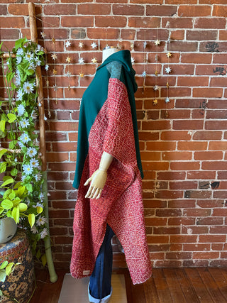 OOAK Autumn Collection- Upcycled Organic Cotton + Kantha Poncho Hi lo Hoodie