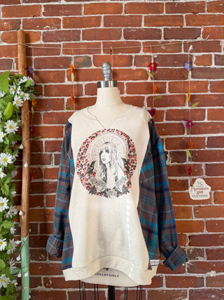 OOAK Autumn Collection - Upcycled Stevie Nicks Sweatshirt and Plaid Flannel Hybrid