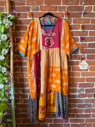 Coffee In The Morning Kantha Dress - Fits up to 3X - 100% Cotton- Fair Trade Made