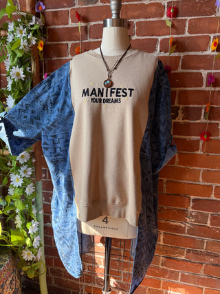 OOAK Autumn Collection- Size XL Upcycled Manifest Your Dreams Emboidered Hi Lo Hybird Top