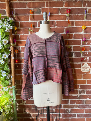 Moon Catcher Patchwork Knit Bell Sleeve Cropped Sweater - 100% Cotton - Fair Trade Made