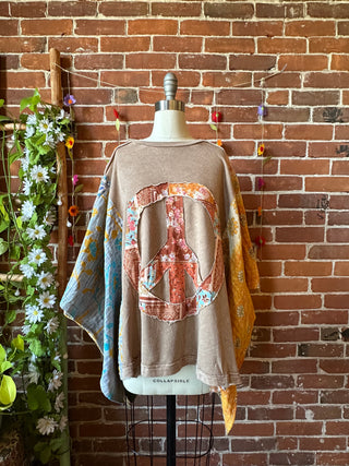 OOAK Autumn Collection- Upcycled Peace Sign Patch Kantha Poncho Sweatshirt Top