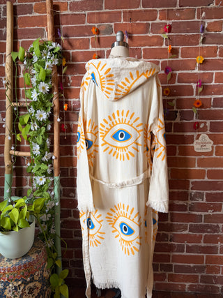 Evil Eye Golden/Blue 100% Cotton Hoodie Kimono Robe  - Fair Trade Made
