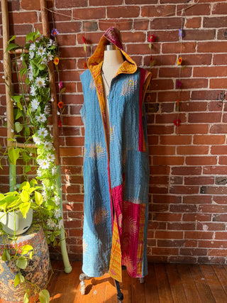Twilight Reversible Kantha Long Hooded Duster Vest