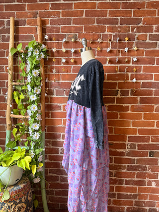 OOAK Winter Collection - Size Small AC/DC Inspired Upcycled Floral Flowy Ruffle Long Side Split Tee