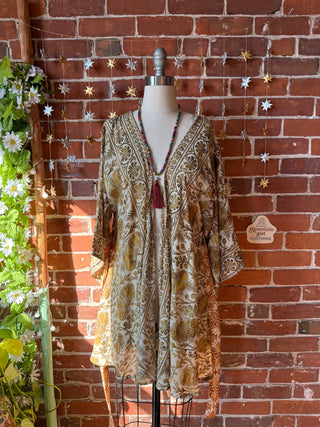 OOAK Winter Collection- Silk Jimi Hendrix Inspired Kimono Robe - Golden + Brown Sari