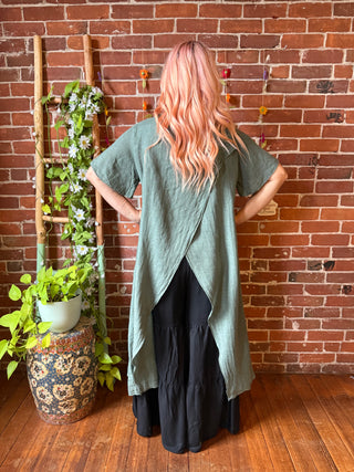 Nomad Linen Split Maxi Top -Moss- Made in Italy