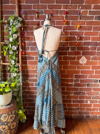 Size Small-Medium Blue Black Meadow Mosaic 100% Cotton Halter Dress - Fair Trade Made