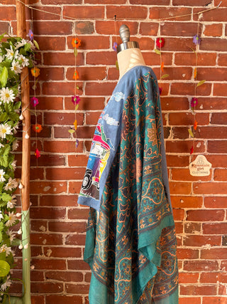OOAK Autumn Collection- Batik Hippie Bus Teal Boho Print Hi Lo Poncho Top