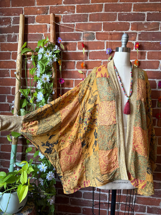 Autumn Stroll Patchwork Batwing Sleeve Kimono Layer - Warm Earth Tones