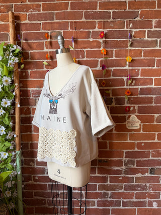 OOAK Summer Collection- Upcycled Maine Moose Crochet V-Neck Cropped Sweatshirt Size Medium