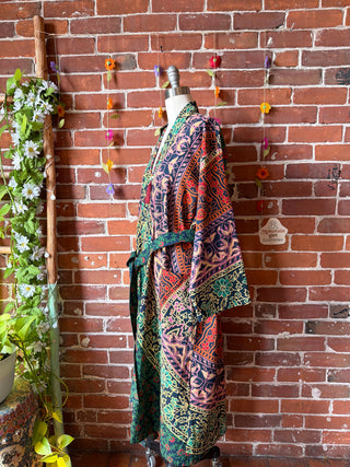 Navy Green Mandala Long Tapestry Robe Kimono w/ Pockets + Belt - Fair Trade Made