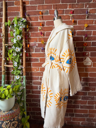 Evil Eye Golden/Blue 100% Cotton Hoodie Kimono Robe  - Fair Trade Made