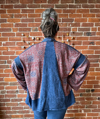 Stone Washed Patchwork Paisley Bohemian Cardigan - Midnight Blue