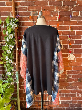 OOAK Autumn Collection- Upcycled Pink Floyd Inspired Kantha + Plaid Poncho Tee