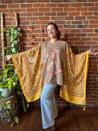 OOAK Autumn Collection- Upcycled Peace Sign Patch Boho Pattern  Poncho Sweatshirt Top