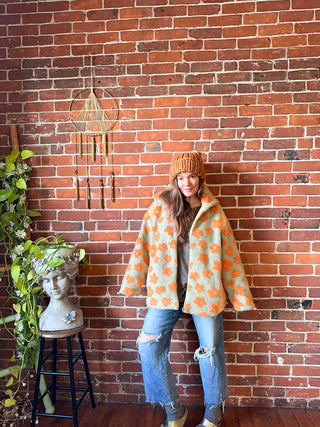 Sage + Orange Flower Oversized Sherpa Jacket