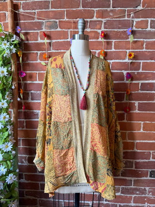 Autumn Stroll Patchwork Batwing Sleeve Kimono Layer - Warm Earth Tones