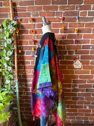 OOAK Autumn Collection- The Beach Boys Inspired Upcycled Silk Patchwork Tie Dye Hi Lo Poncho Top