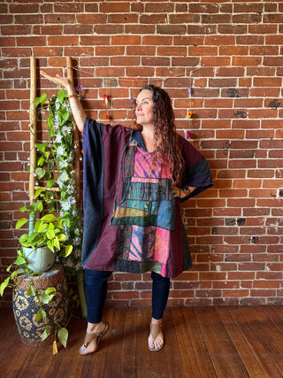 Juniper Patchwork Poncho Hoodie- Maroon / Earth Tones