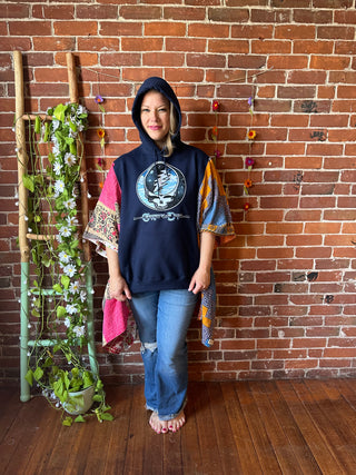 Upcycled Grateful Dead Inspired Sky + Space Kantha Poncho Hi Lo Hoodie