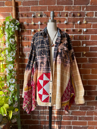 OOAK Winter Collection- Birdsong Kantha + Bleach Plaid Button Up Wing Style Poncho Jacket