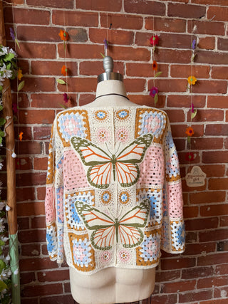 Bohemian Luna Butterfly Crochet Granny Square Sweater - Pink +Blue