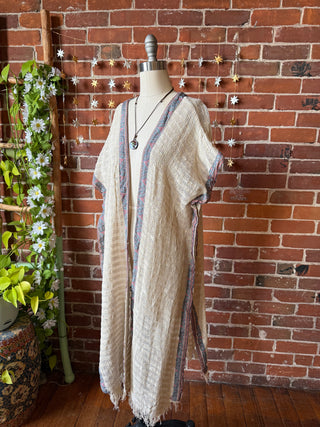 100% Cotton Cream Woven Fringe Kimono Robe