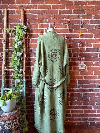 Sage Evil Eye 100% Cotton Kimono Robe  - Fair Trade Made