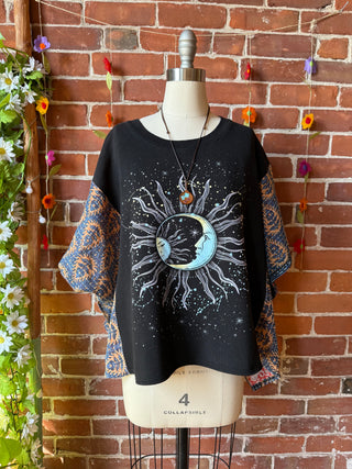 OOAK Autumn Collection- Upcycled Celestial Cropped Kantha Poncho Sweatshirt