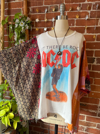 OOAK Autumn Collection- Upcycled AC/DC Inspired Cropped Kantha Poncho Tee