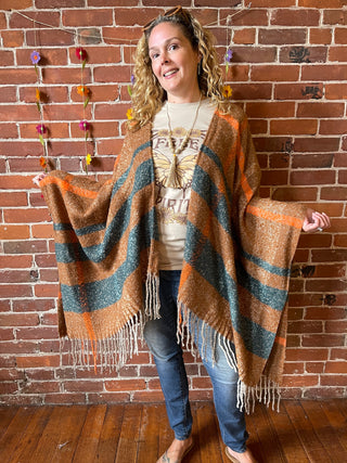 The Softest Farmers Market Fringe Poncho - Brown/Orange/Teal