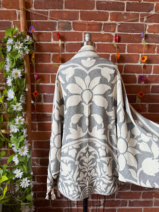 Gray Sky Fringe Cocoon Shawl Kimono - 100% Cotton