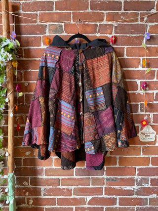 Autumn Earth Tones Patchwork Upcycled Cotton Hoodie Poncho Cape- Fair Trade Made