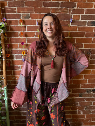Moon Catcher Patchwork Knit Bell Sleeve Cropped Wrap Sweater - 100% Cotton - Fair Trade Made
