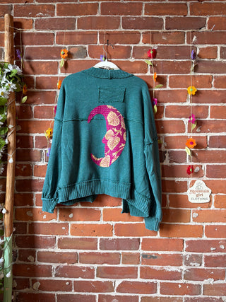OOAK Summer Collection - Upcycled Crescent Moon Patch Patchwork Cardigan Sweater 🌼